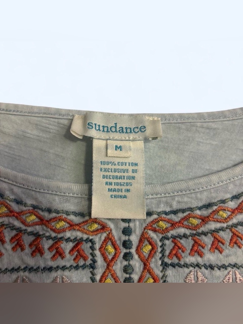 Sundance Medium Long Sleeve Embroidered Peasant Shirt Blue Cotton Boho Cactus - Picture 5 of 6